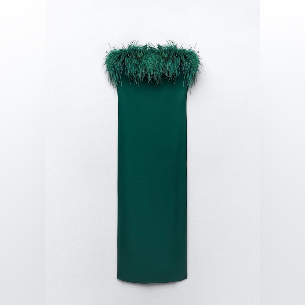 Zara Strapless Green Dress with Feather Detail